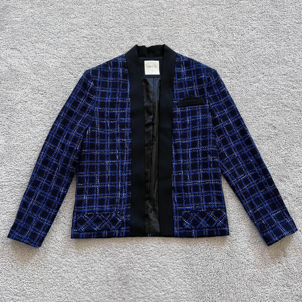 ORTTU Tweed Tuxedo Blazer Mens Small Blue Shawl Lapel Formal Jacket Party